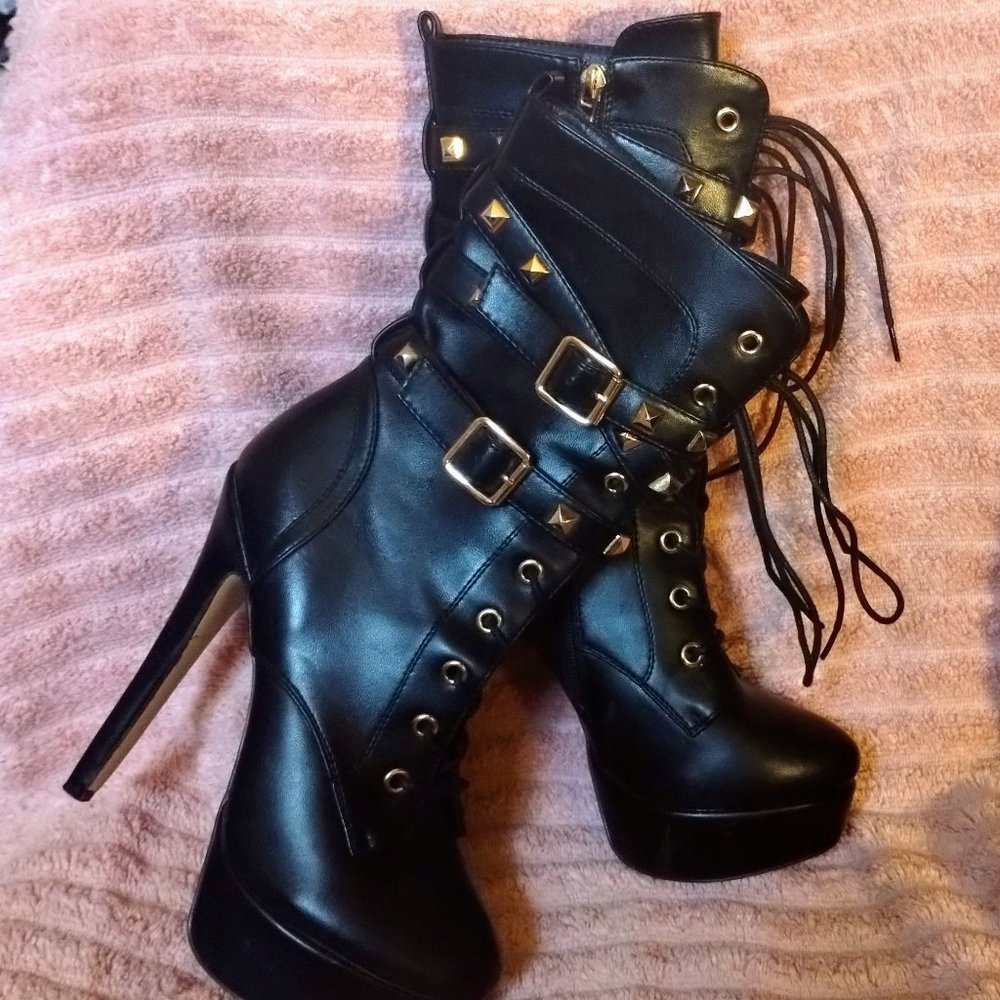 Sexy black zip up high heel boots